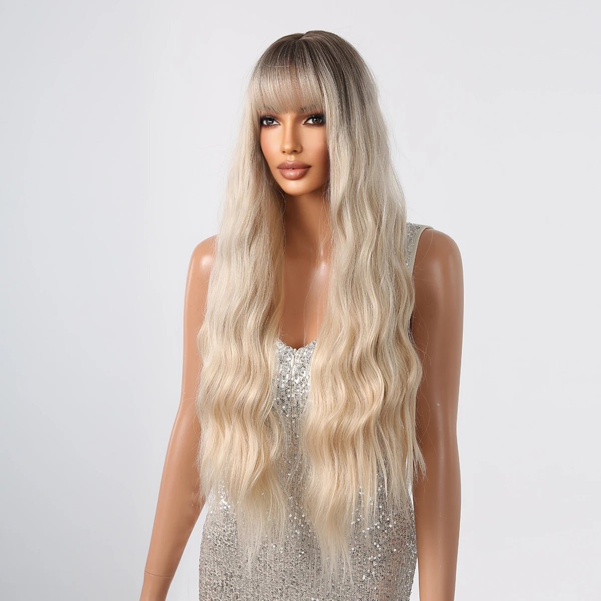 Blonde Wavy Synthetic Wig with Bangs - HairNjoy