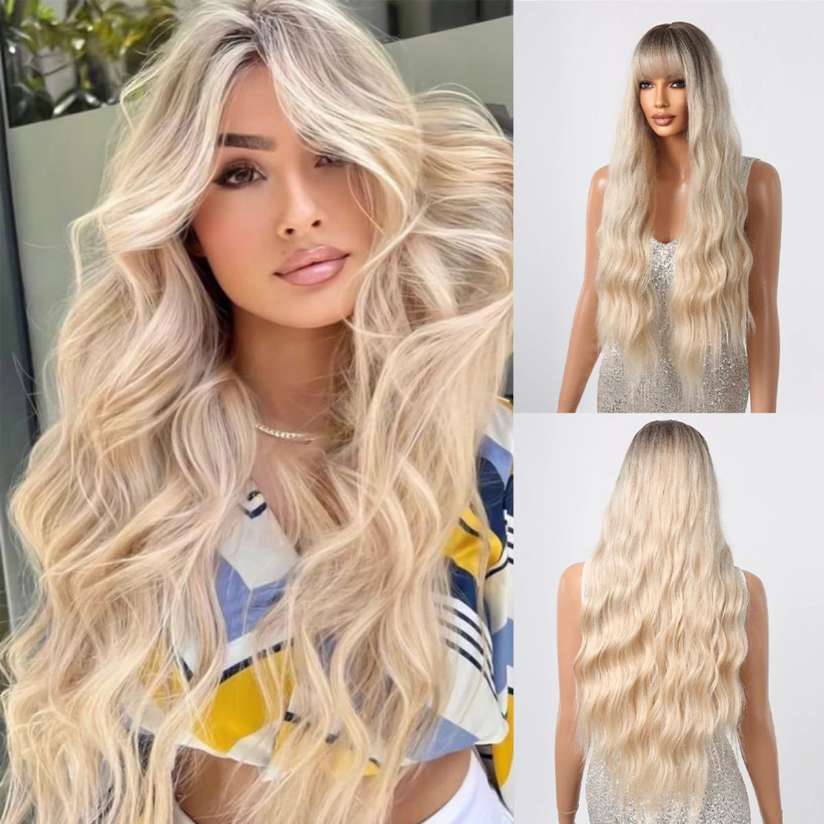 Blonde Wavy Synthetic Wig with Bangs - HairNjoy