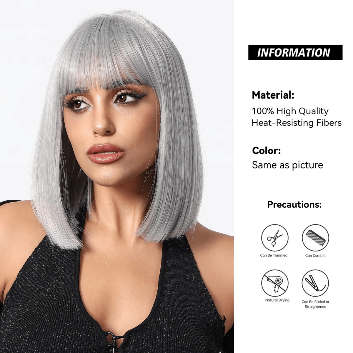 Bob straight gray wig with bangs synthetic cosplay wig - HairNjoy
