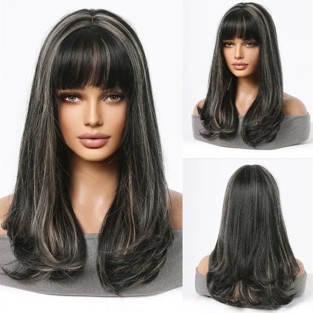 Brown Blonde Highlight Wig with Bangs - HairNjoy