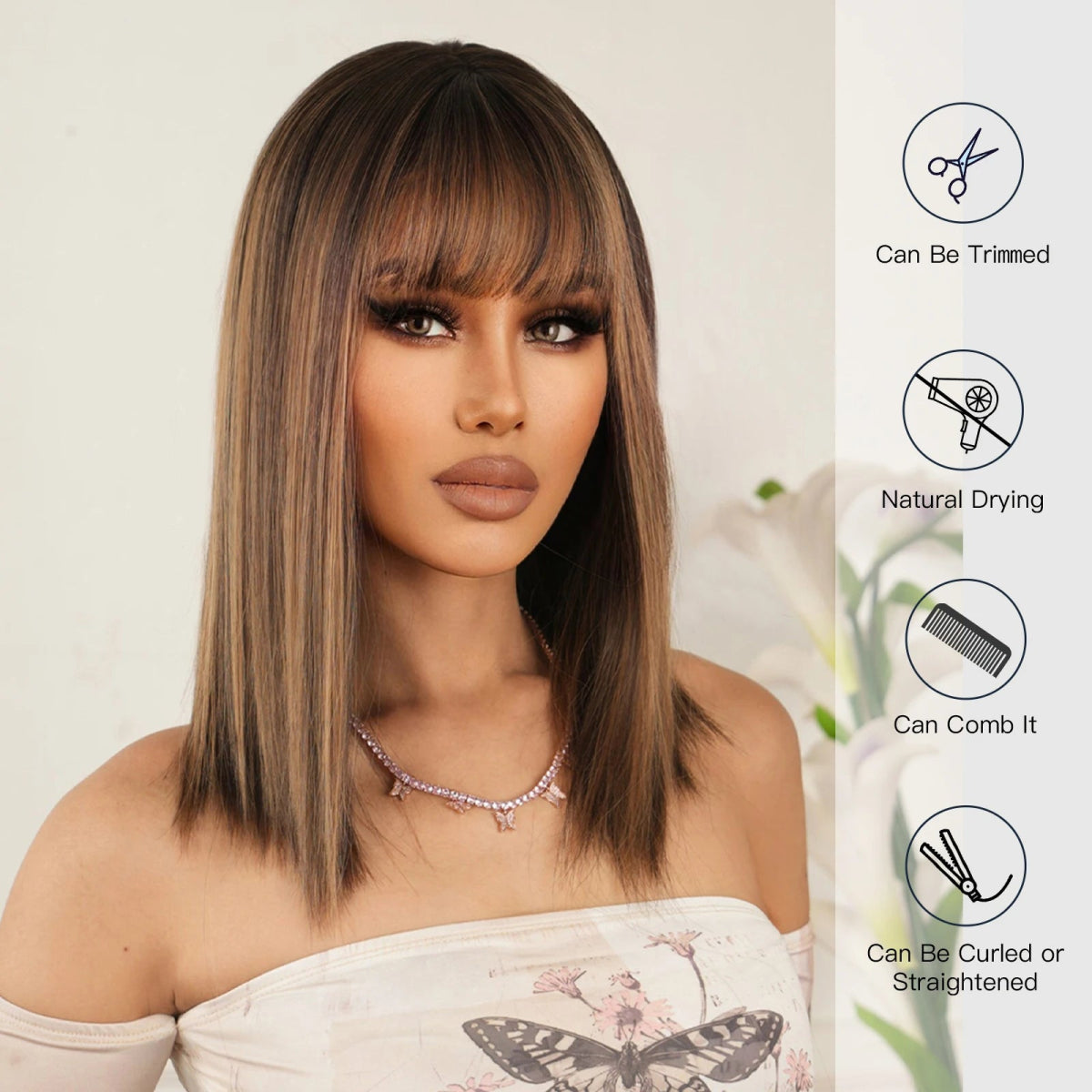 Brown Blonde Highlight Wig with Bangs - HairNjoy