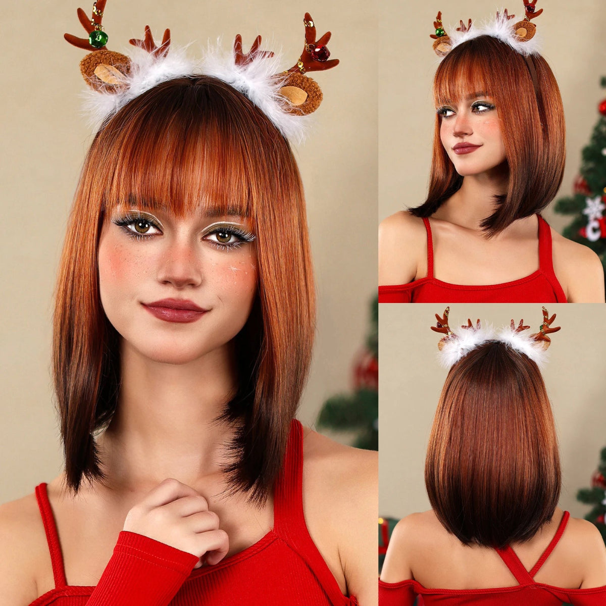 Brown Blonde Highlight Wig with Bangs - HairNjoy