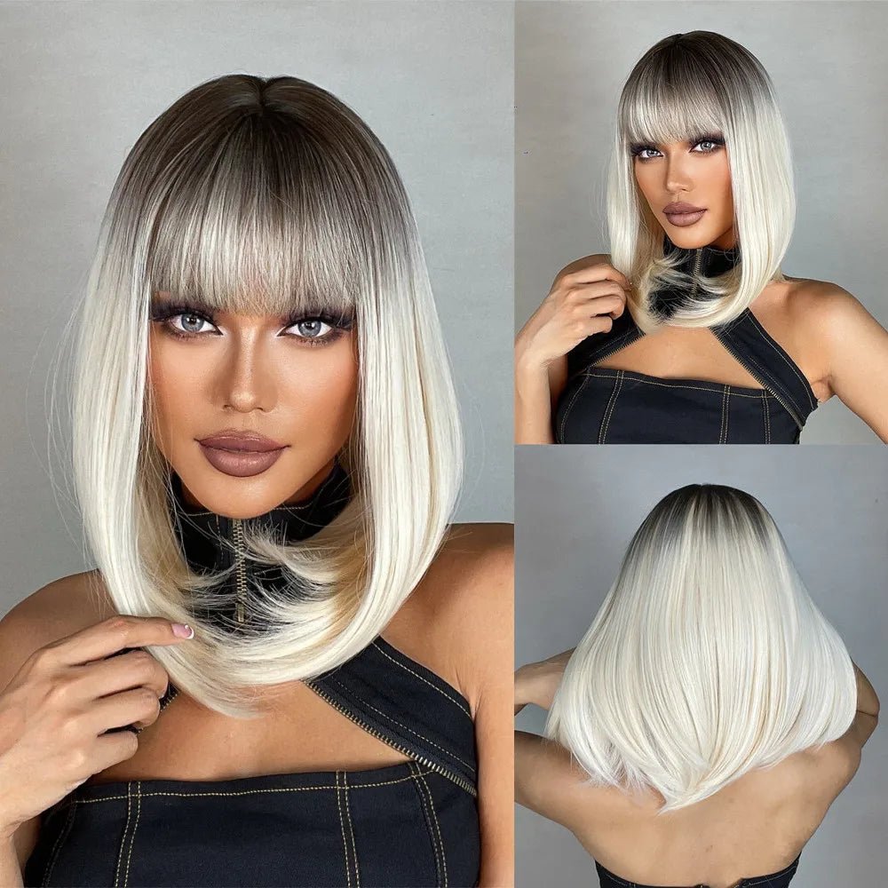 Brown Blonde Highlight Wig with Bangs - HairNjoy