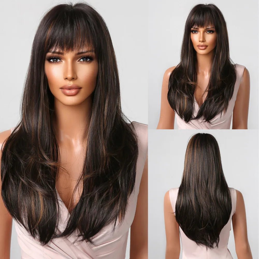 Brown Blonde Highlight Wig with Bangs - HairNjoy