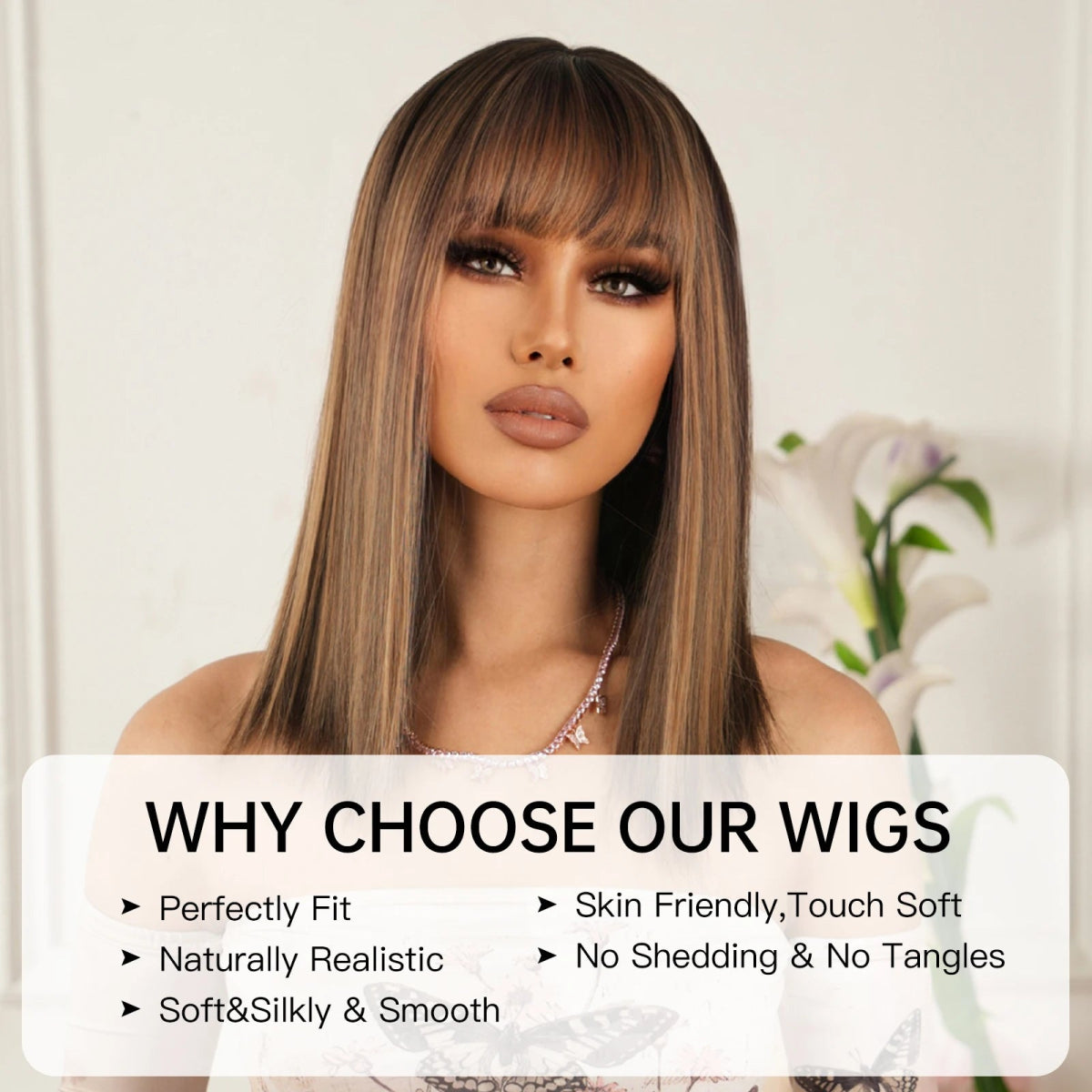 Brown Blonde Highlight Wig with Bangs - HairNjoy