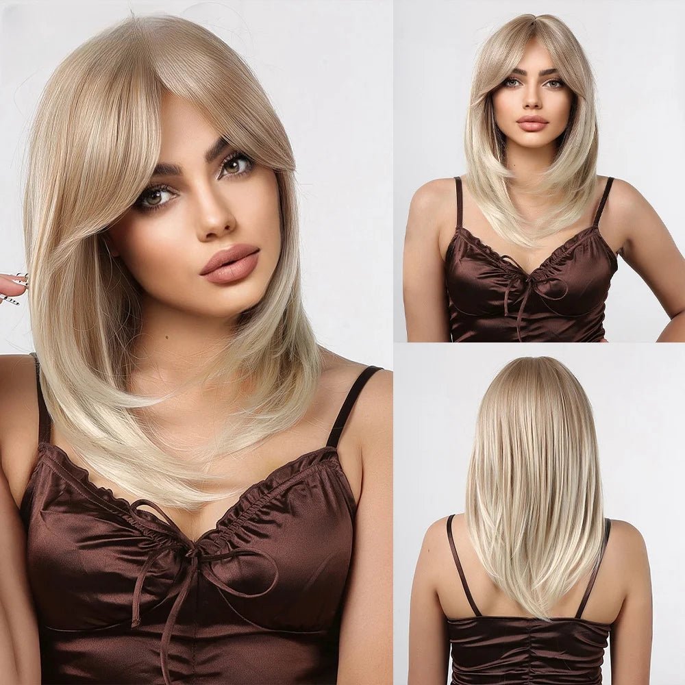 Brown Blonde Highlight Wig with Bangs - HairNjoy