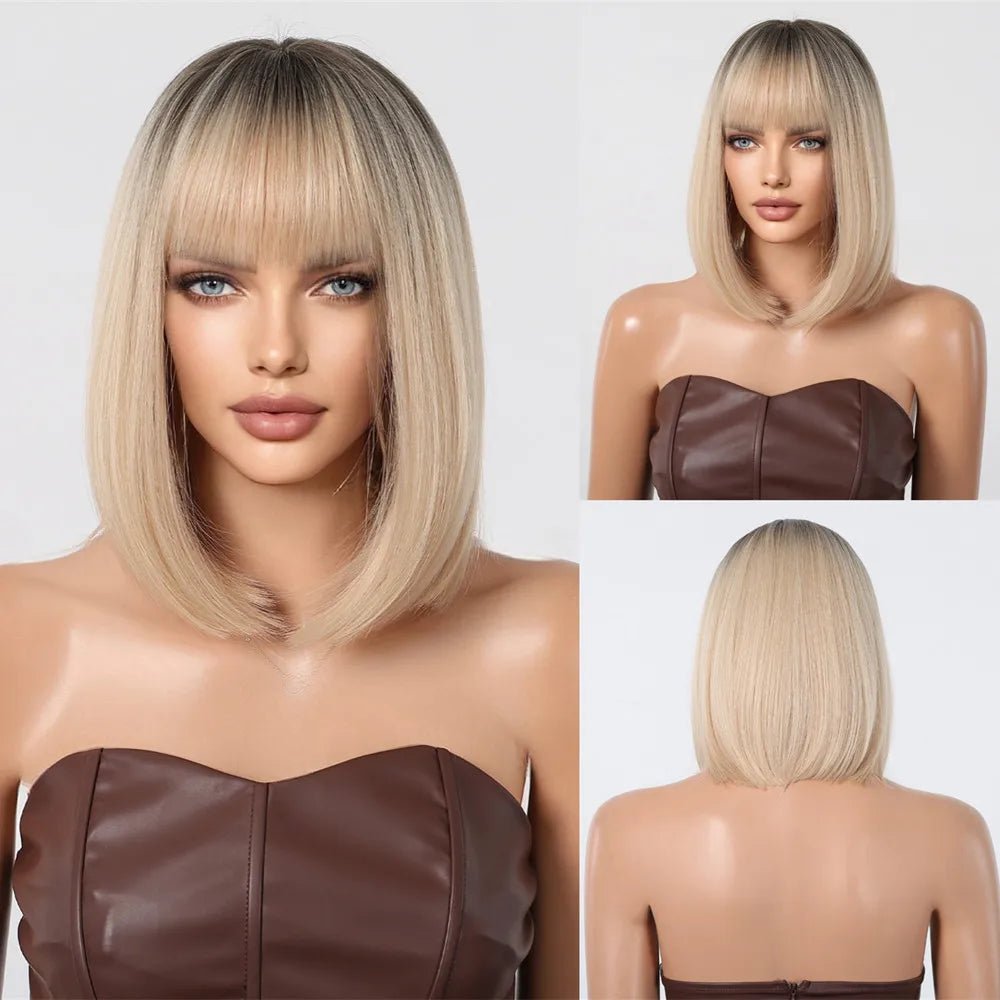 Brown Blonde Highlight Wig with Bangs - HairNjoy