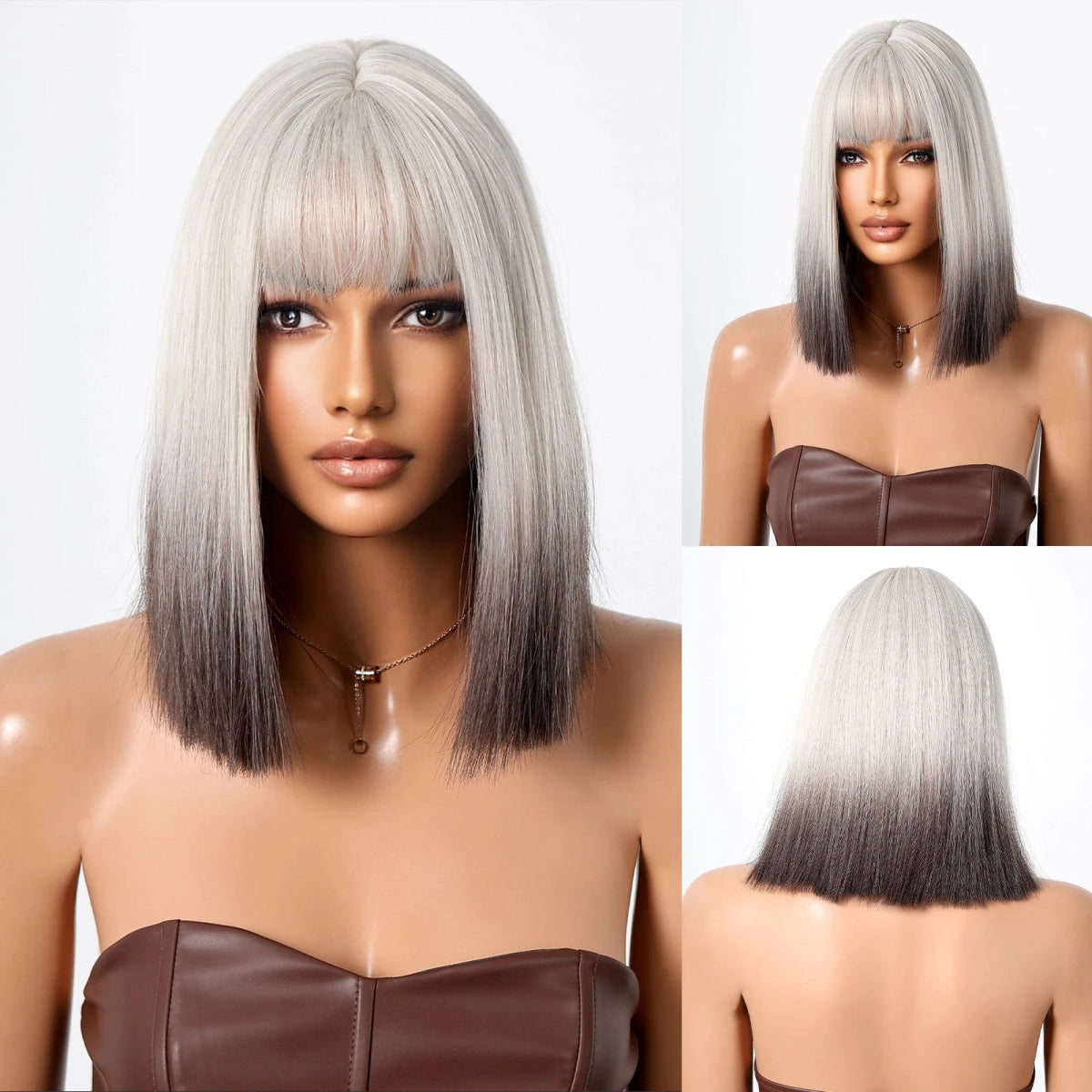 Brown Blonde Highlight Wig with Bangs - HairNjoy