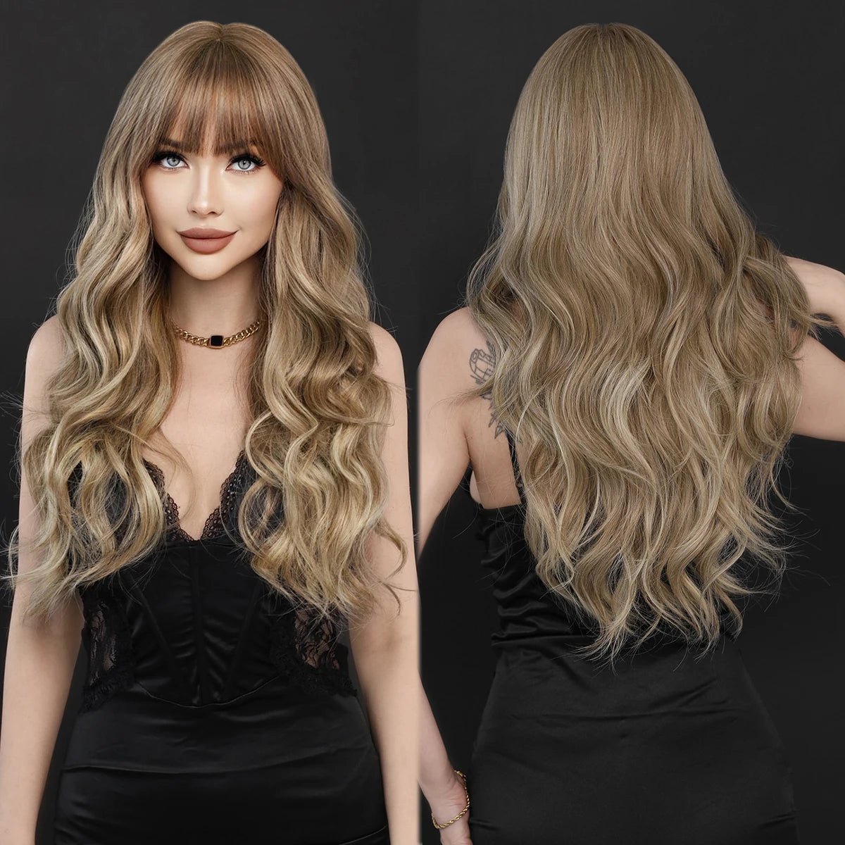 Brown Blonde Wavy Wig with Neat Bangs - HairNjoy