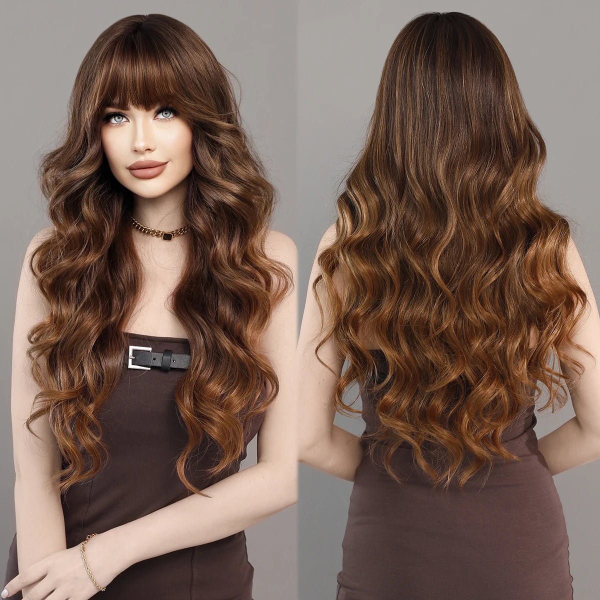 Brown Blonde Wavy Wig with Neat Bangs - HairNjoy