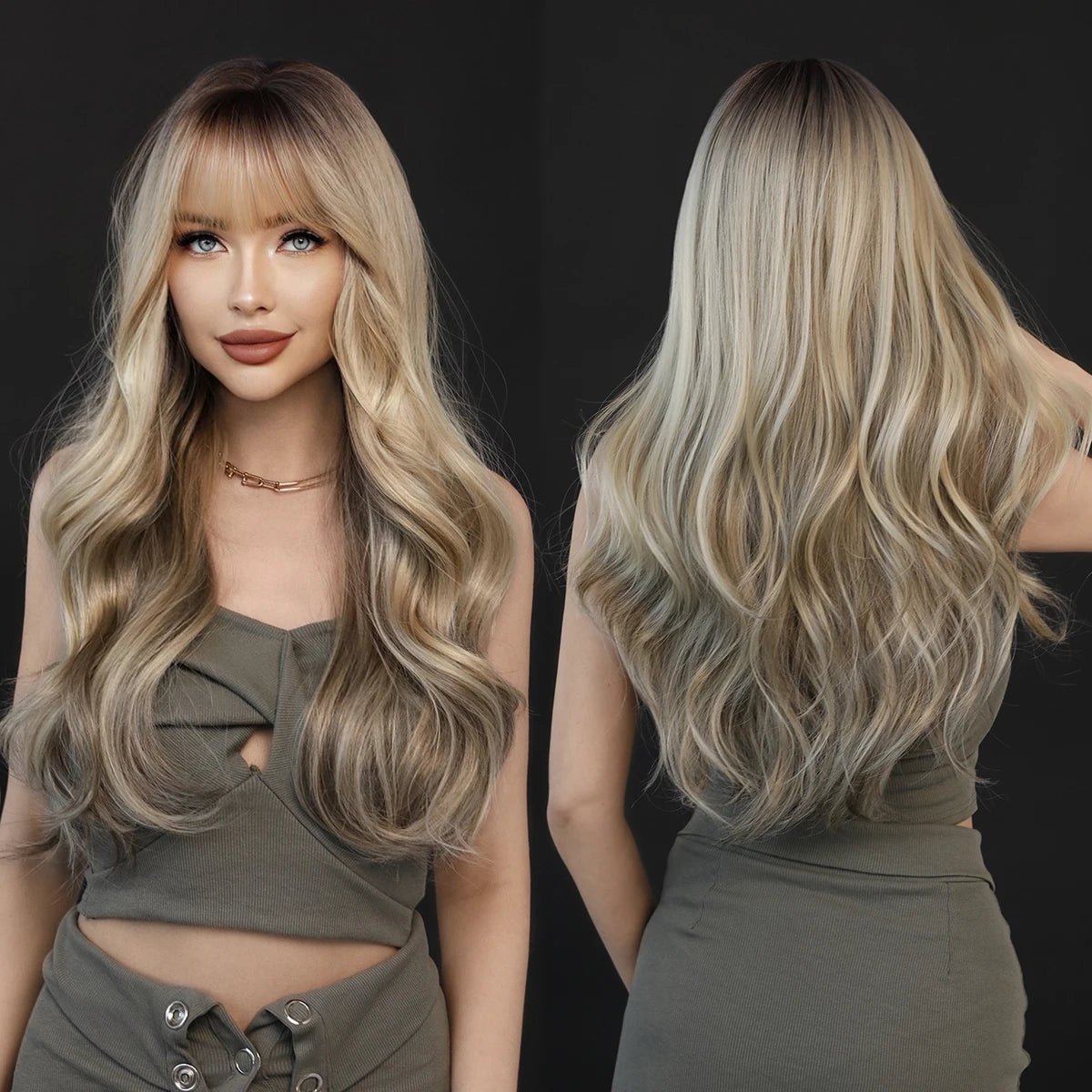 Brown Blonde Wavy Wig with Neat Bangs - HairNjoy