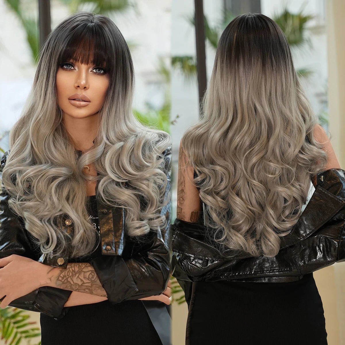 Brown Blonde Wavy Wig with Neat Bangs - HairNjoy