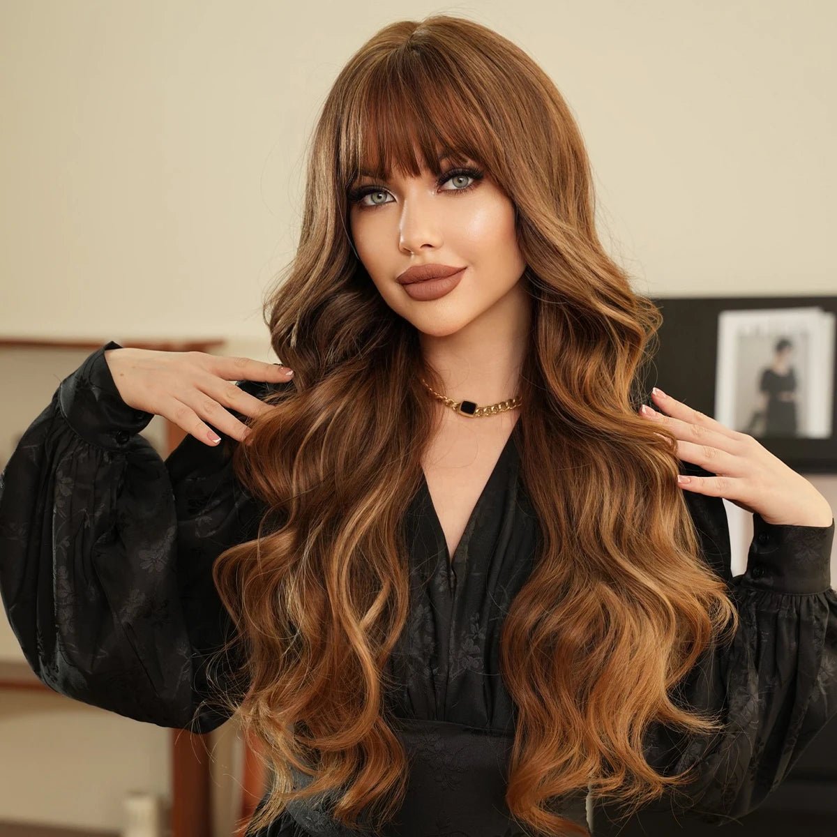 Brown Blonde Wavy Wig with Neat Bangs - HairNjoy