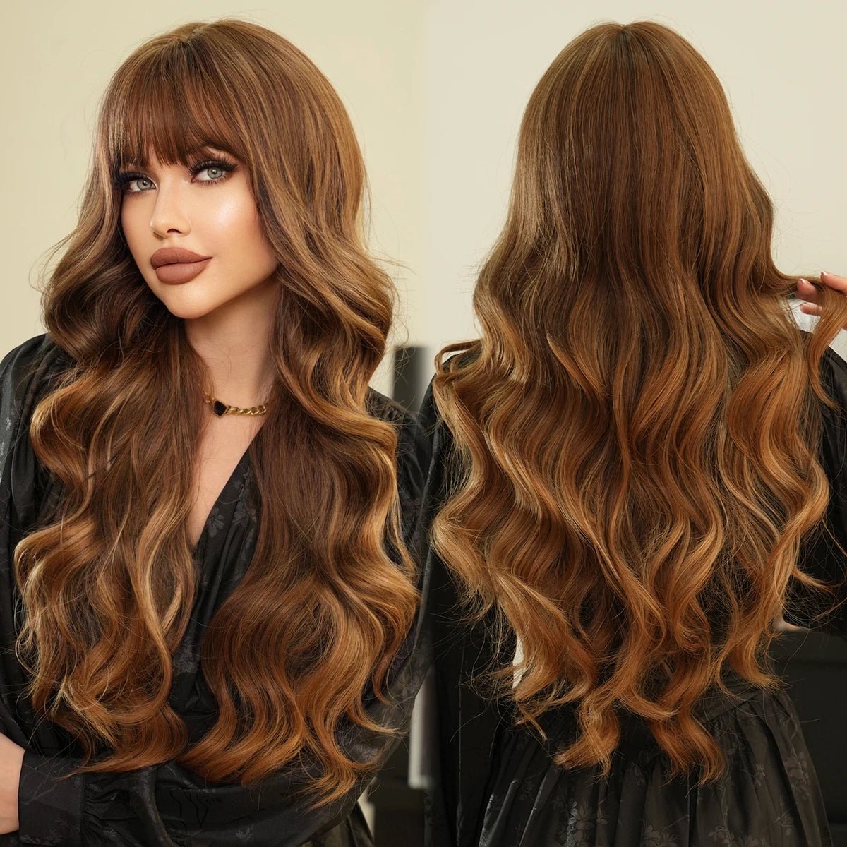 Brown Blonde Wavy Wig with Neat Bangs - HairNjoy