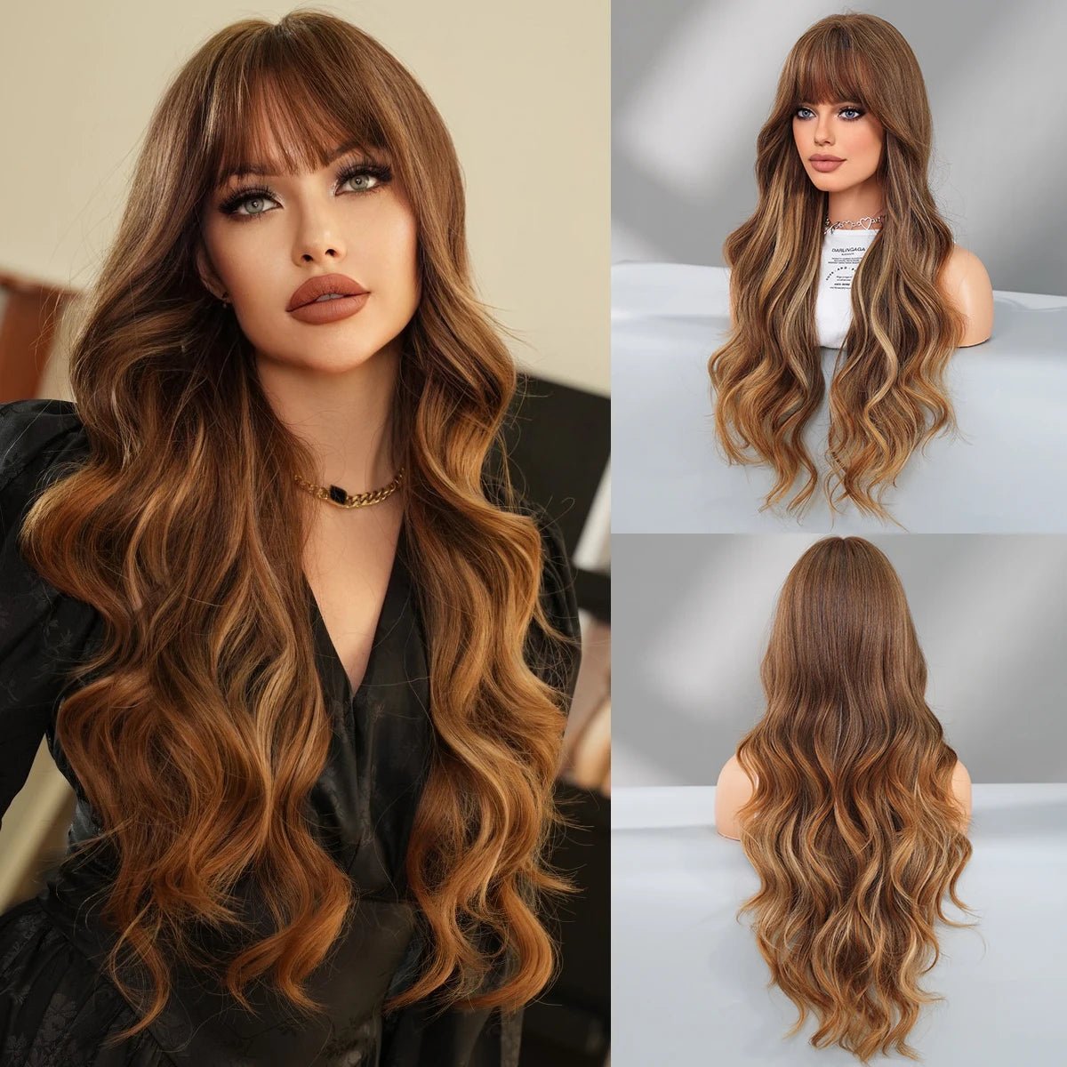 Brown Blonde Wavy Wig with Neat Bangs - HairNjoy