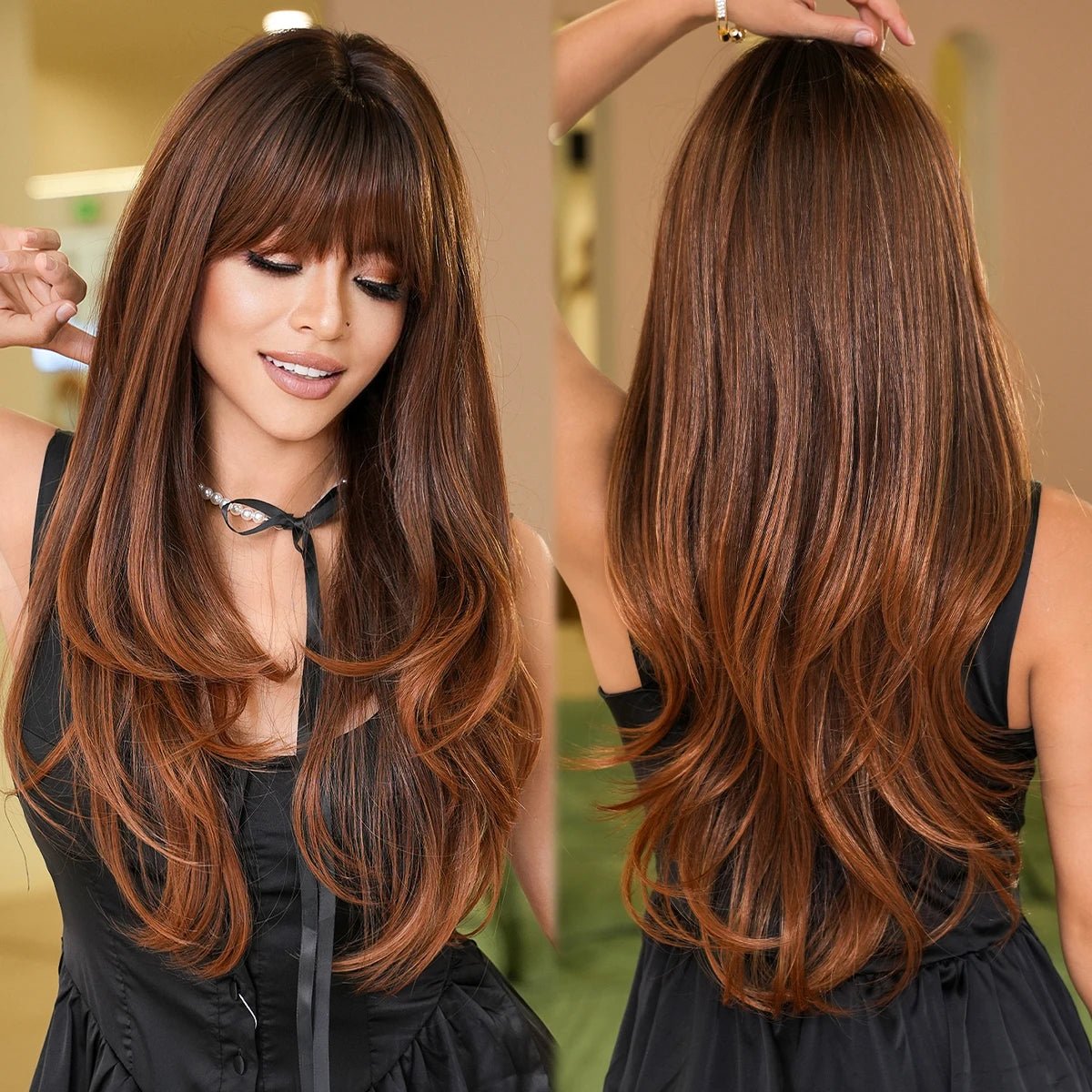 Brown Blonde Wavy Wig with Neat Bangs - HairNjoy