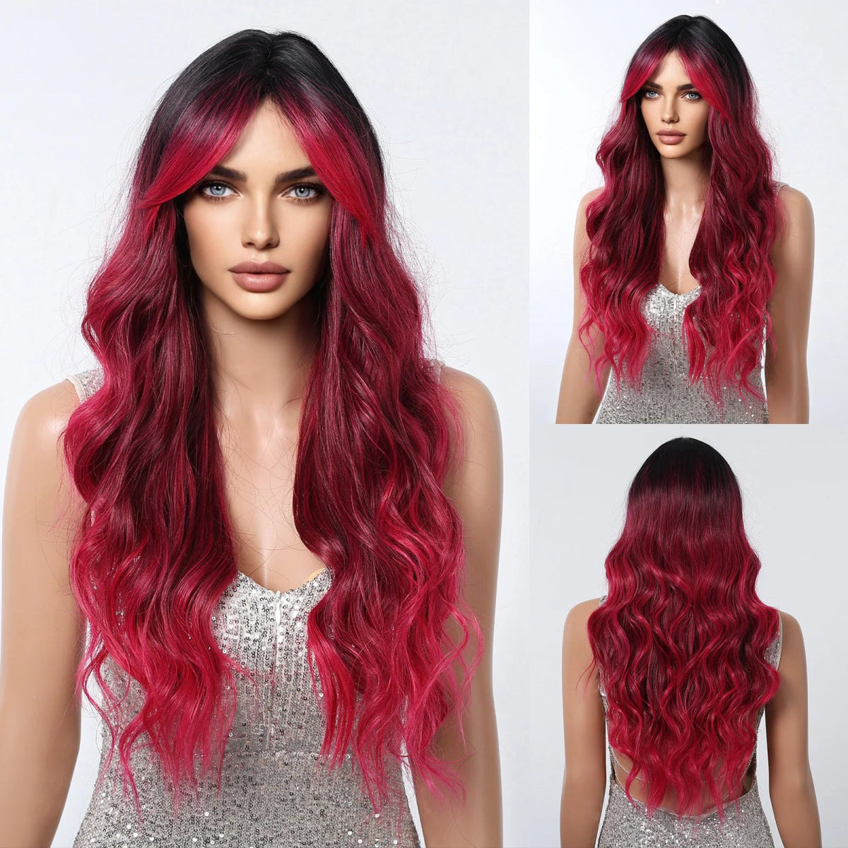 Brown Highlight Long Wavy Wig with Bangs - HairNjoy