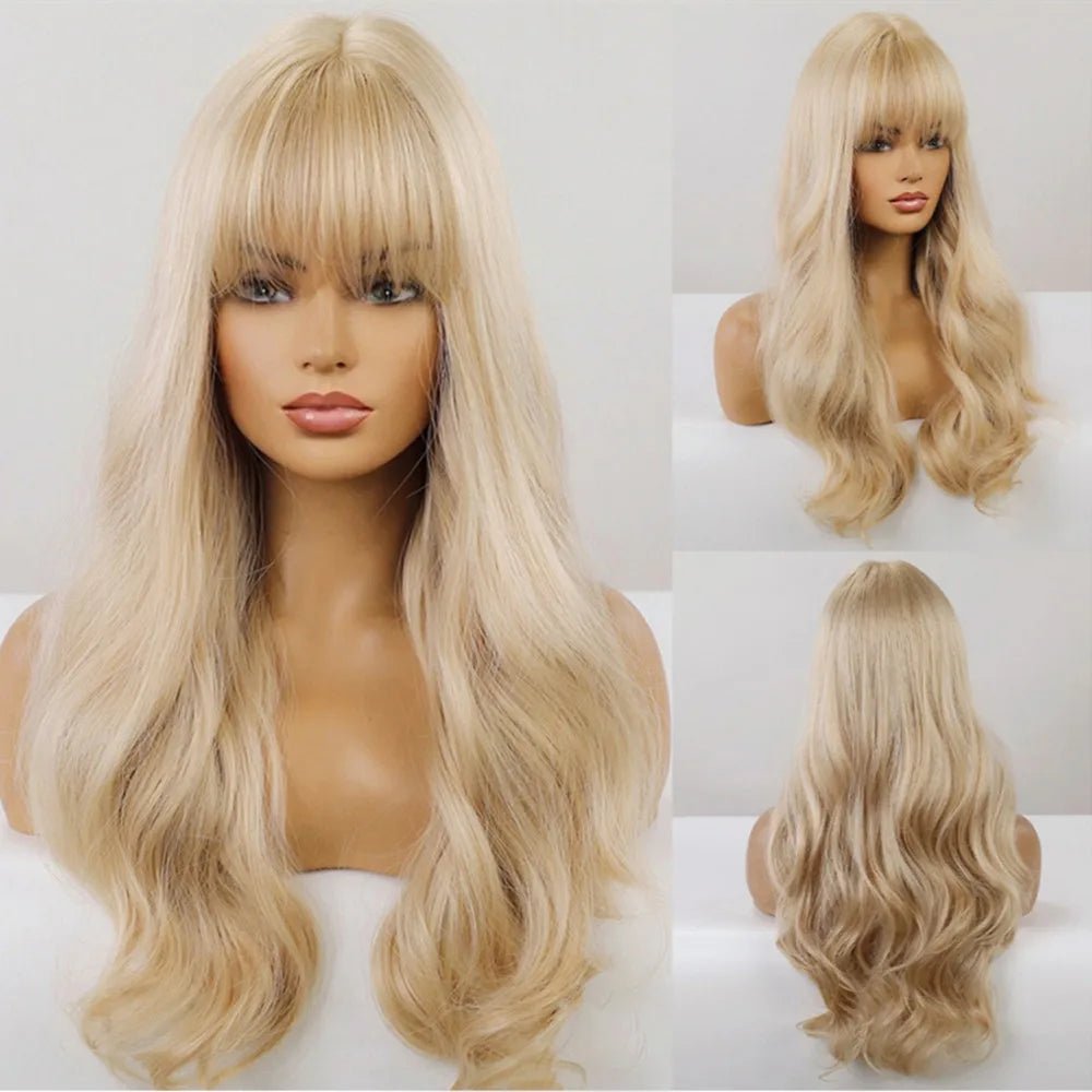 Brown Highlight Long Wavy Wig with Bangs - HairNjoy