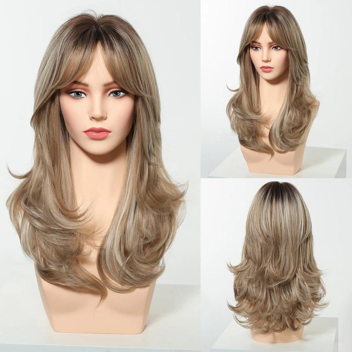 Brown Highlight Long Wavy Wig with Bangs - HairNjoy
