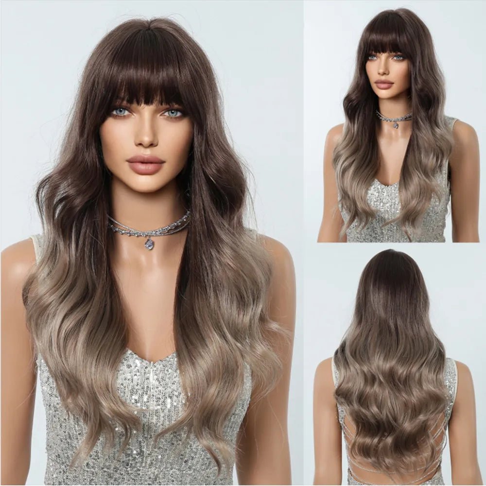 Brown Highlight Long Wavy Wig with Bangs - HairNjoy