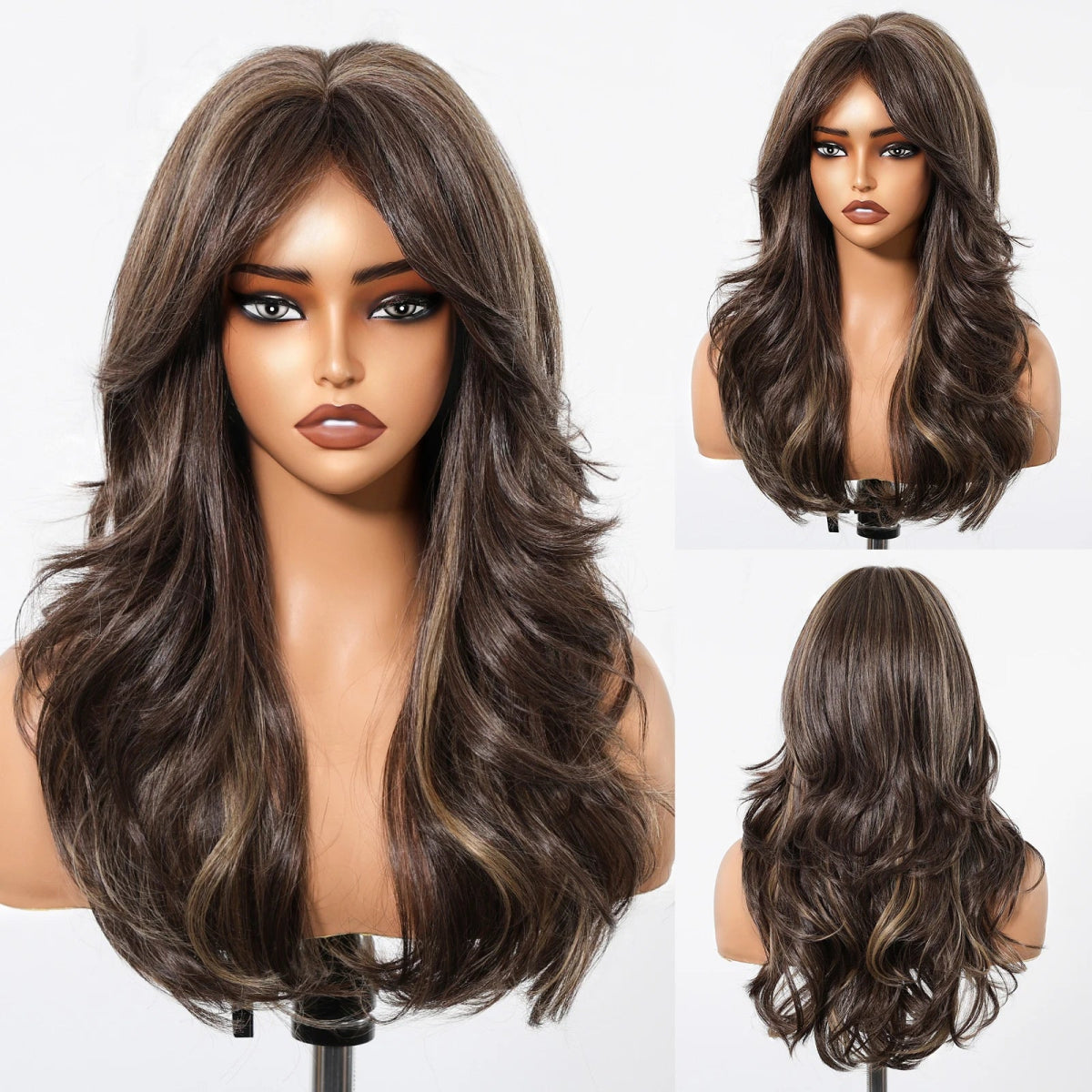 Brown Highlight Long Wavy Wig with Bangs - HairNjoy