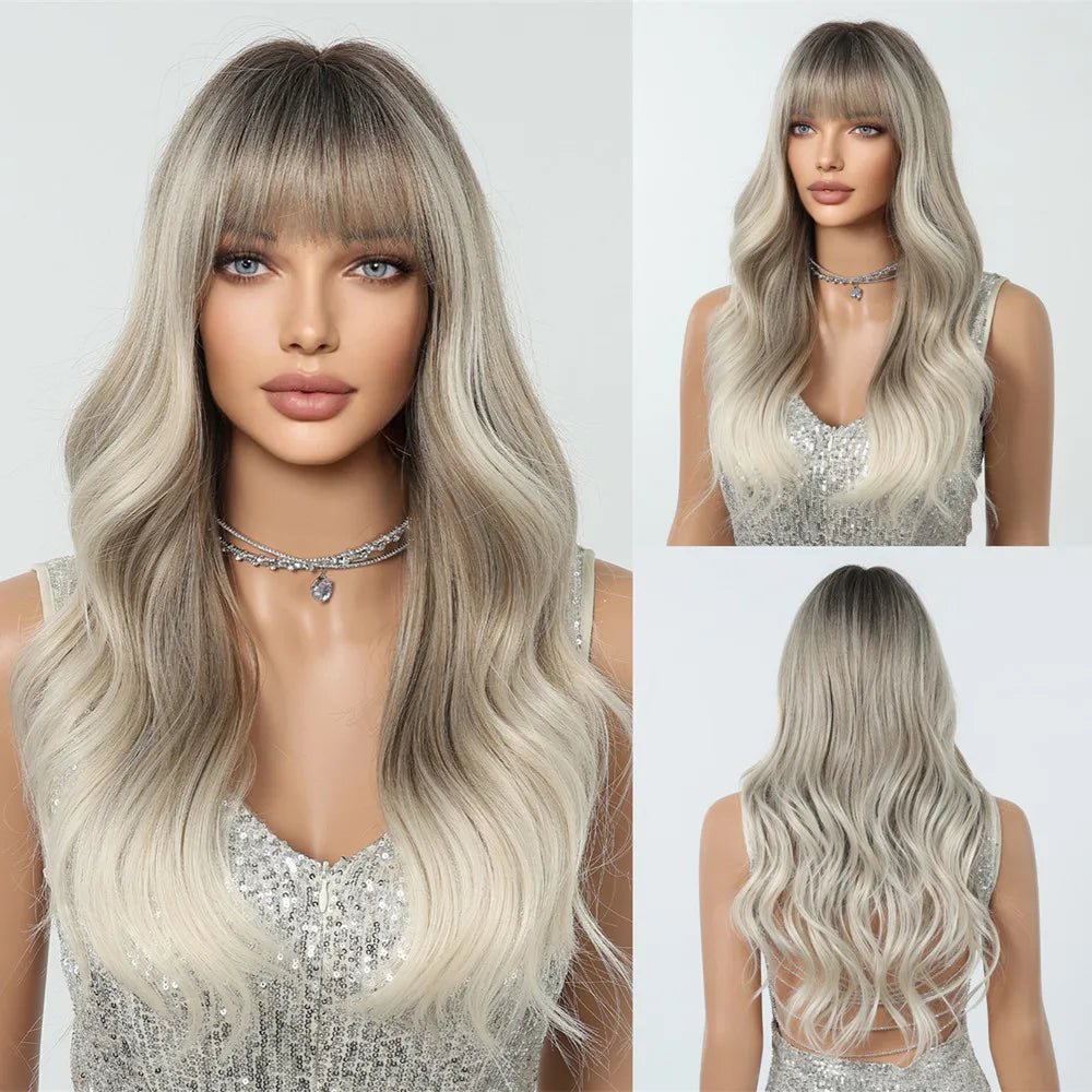 Brown Highlight Long Wavy Wig with Bangs - HairNjoy