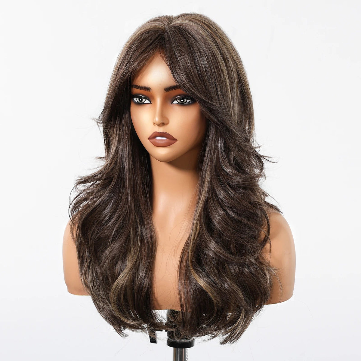 Brown Highlight Long Wavy Wig with Bangs - HairNjoy