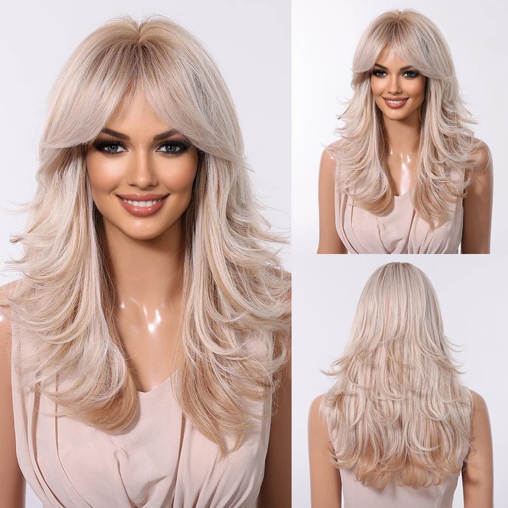 Brown Highlight Long Wavy Wig with Bangs - HairNjoy
