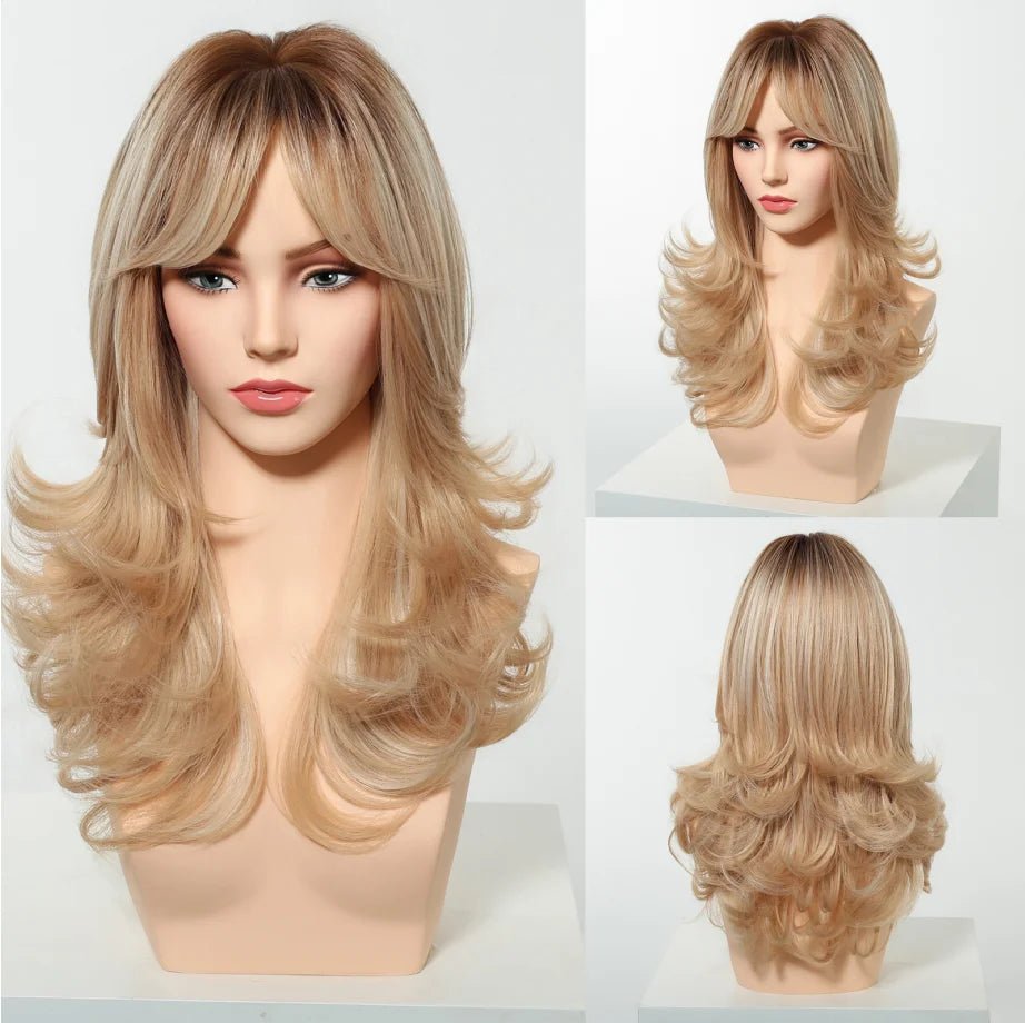 Brown Highlight Long Wavy Wig with Bangs - HairNjoy