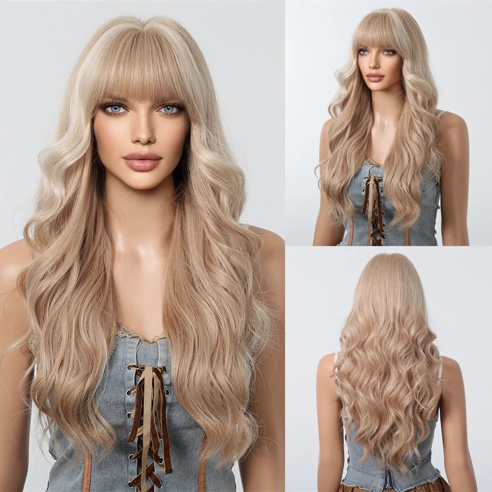 Brown Highlight Long Wavy Wig with Bangs - HairNjoy