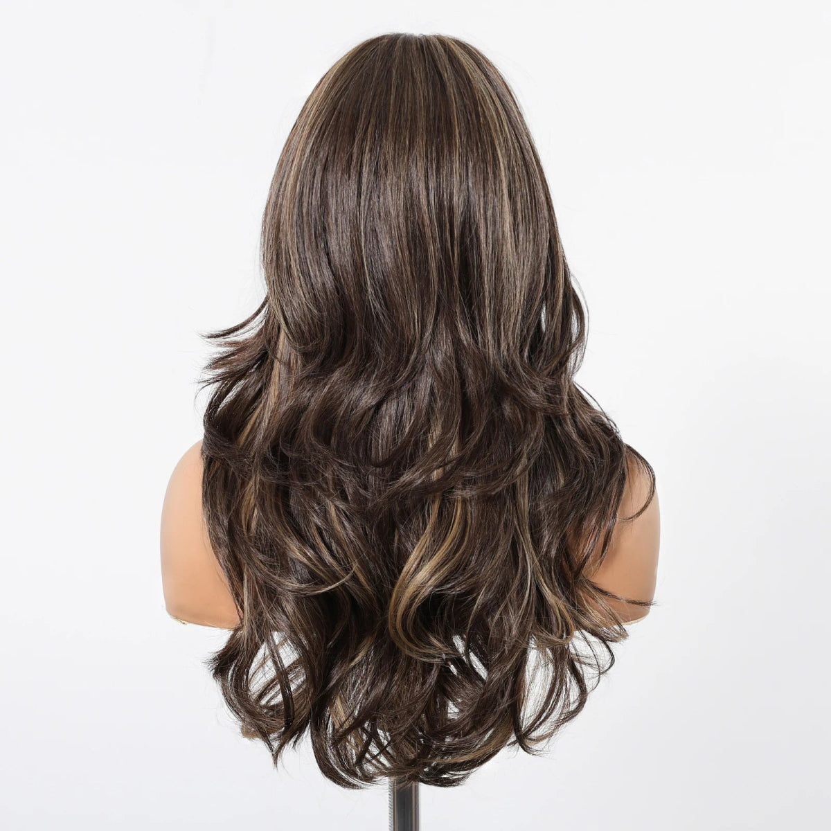 Brown Highlight Long Wavy Wig with Bangs - HairNjoy
