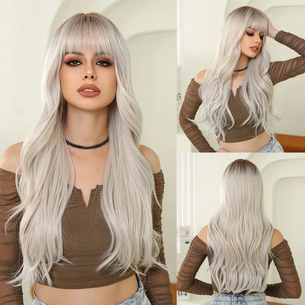 Brown Highlight Long Wavy Wig with Bangs - HairNjoy