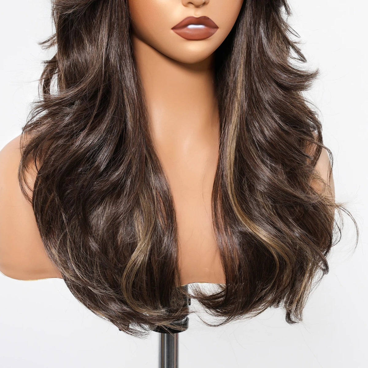 Brown Highlight Long Wavy Wig with Bangs - HairNjoy