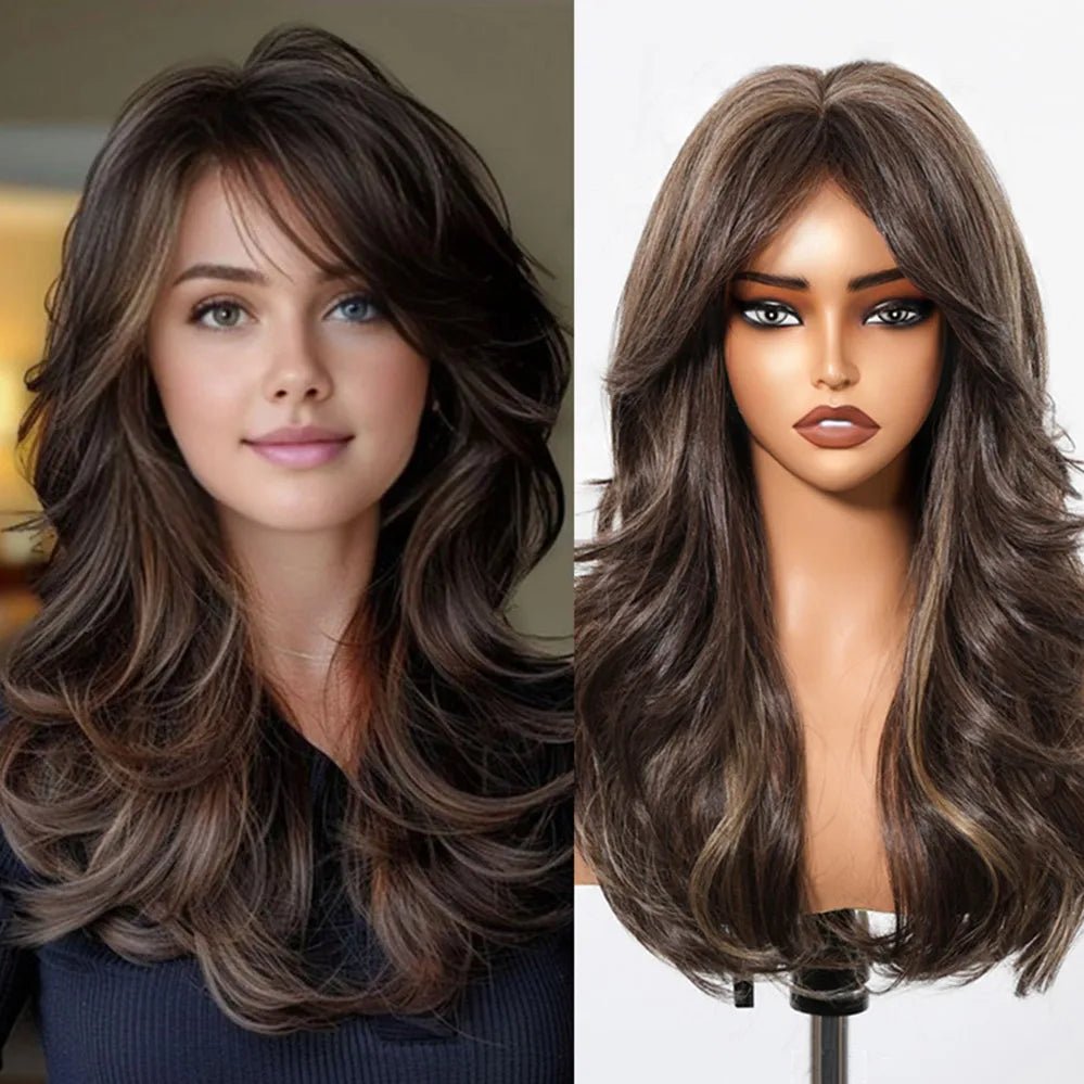 Brown Highlight Long Wavy Wig with Bangs - HairNjoy
