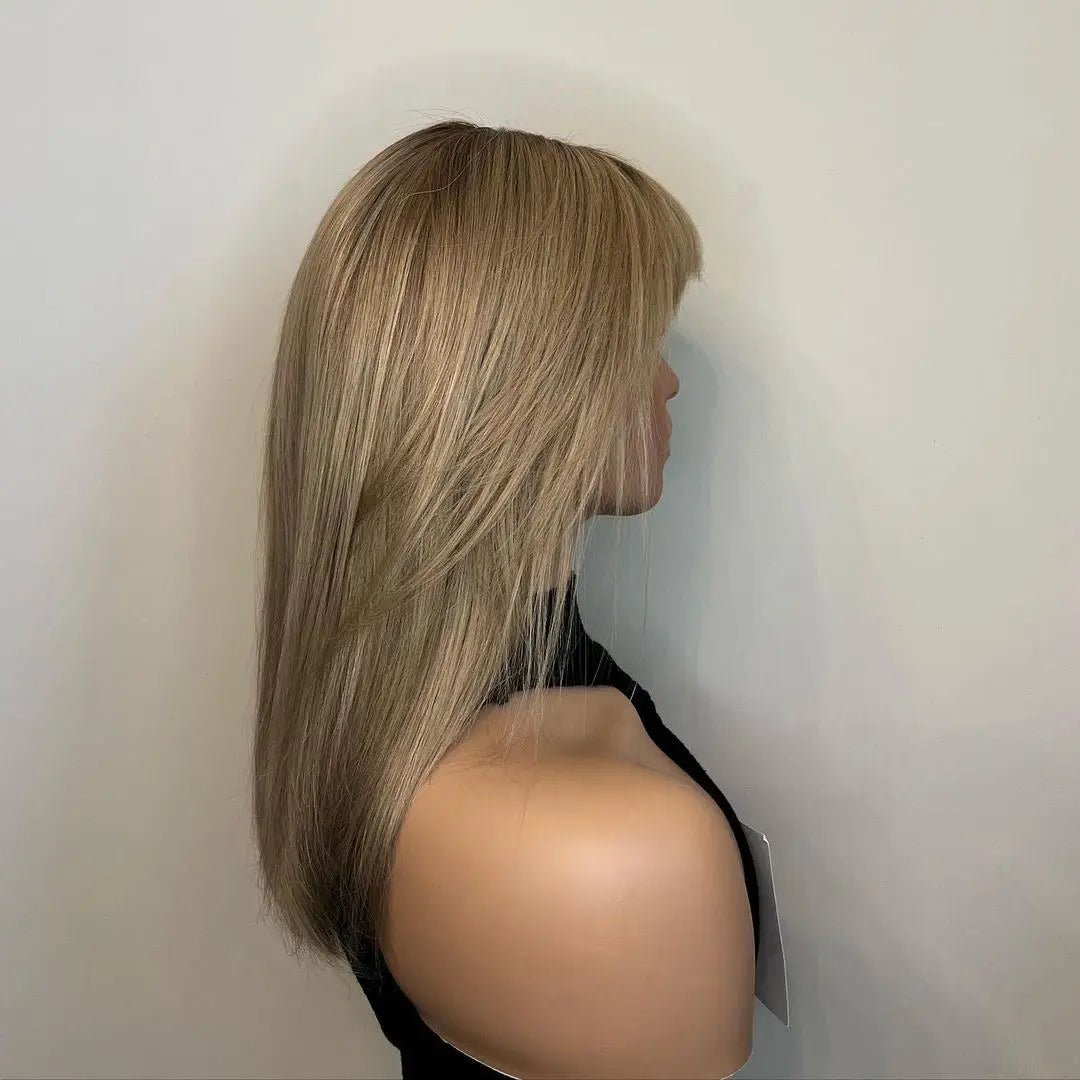 Caramel Blonde with Light Brown Roots with Bangs - HairNjoy