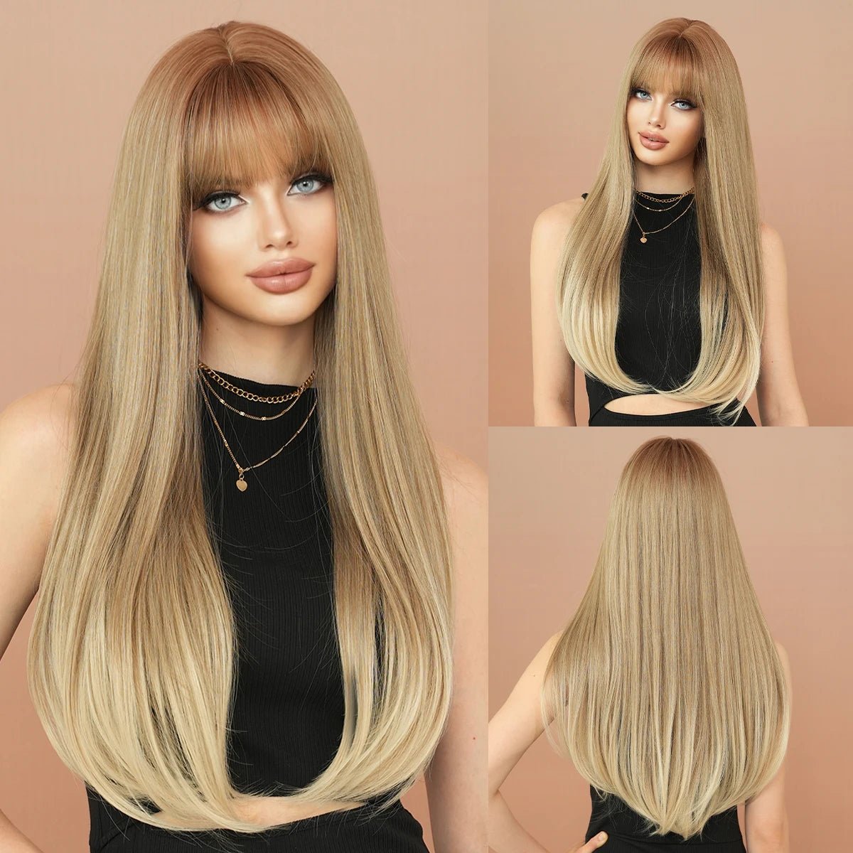 Dark Brown Long Straight Wig with Bangs - HairNjoy