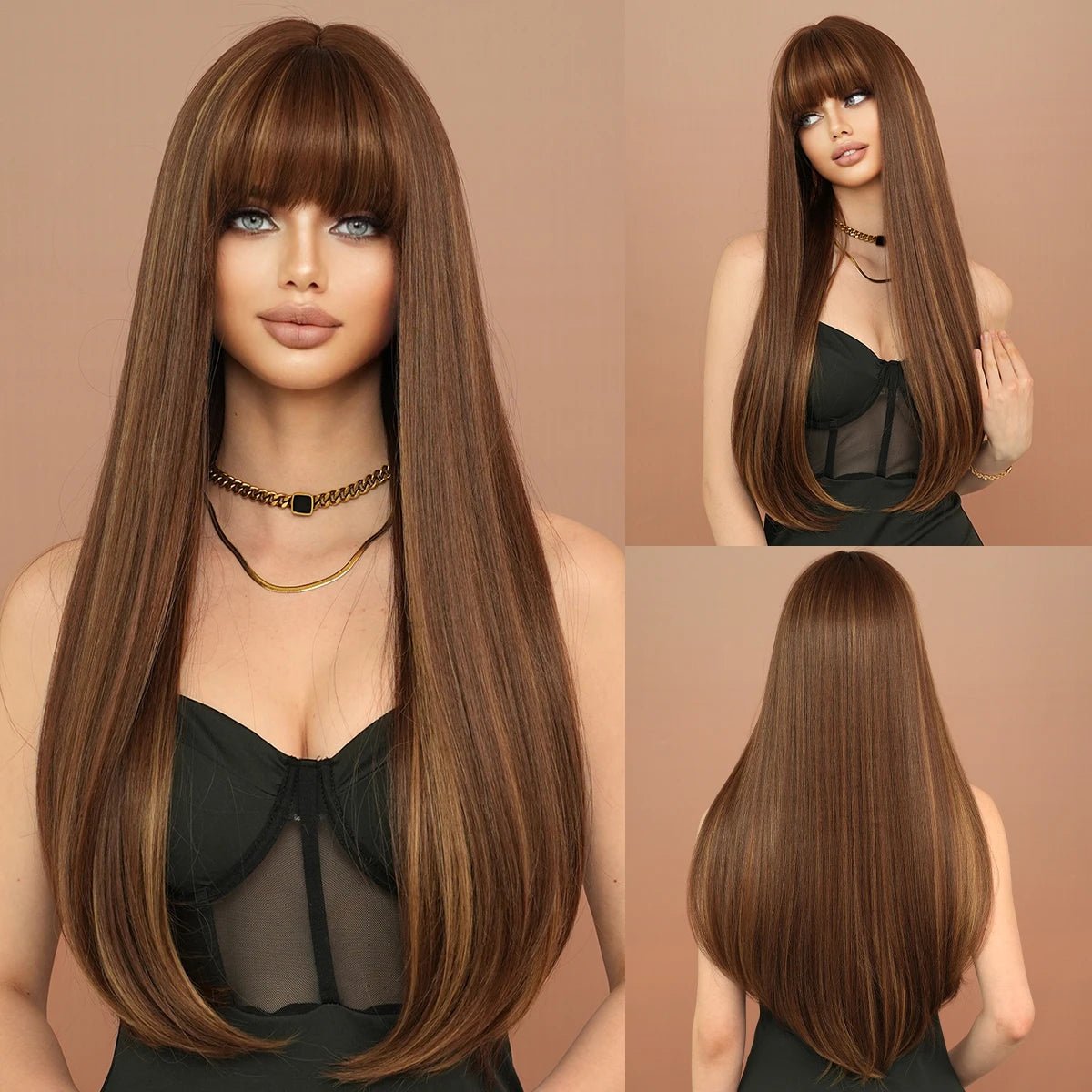 Dark Brown Long Straight Wig with Bangs - HairNjoy