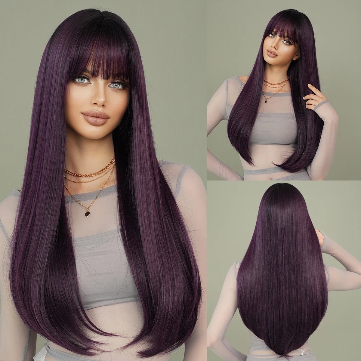 Dark Brown Long Straight Wig with Bangs - HairNjoy