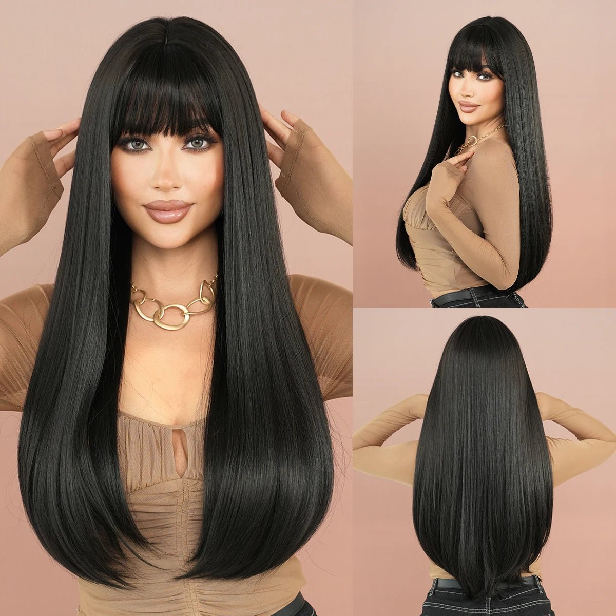 Dark Brown Long Straight Wig with Bangs - HairNjoy