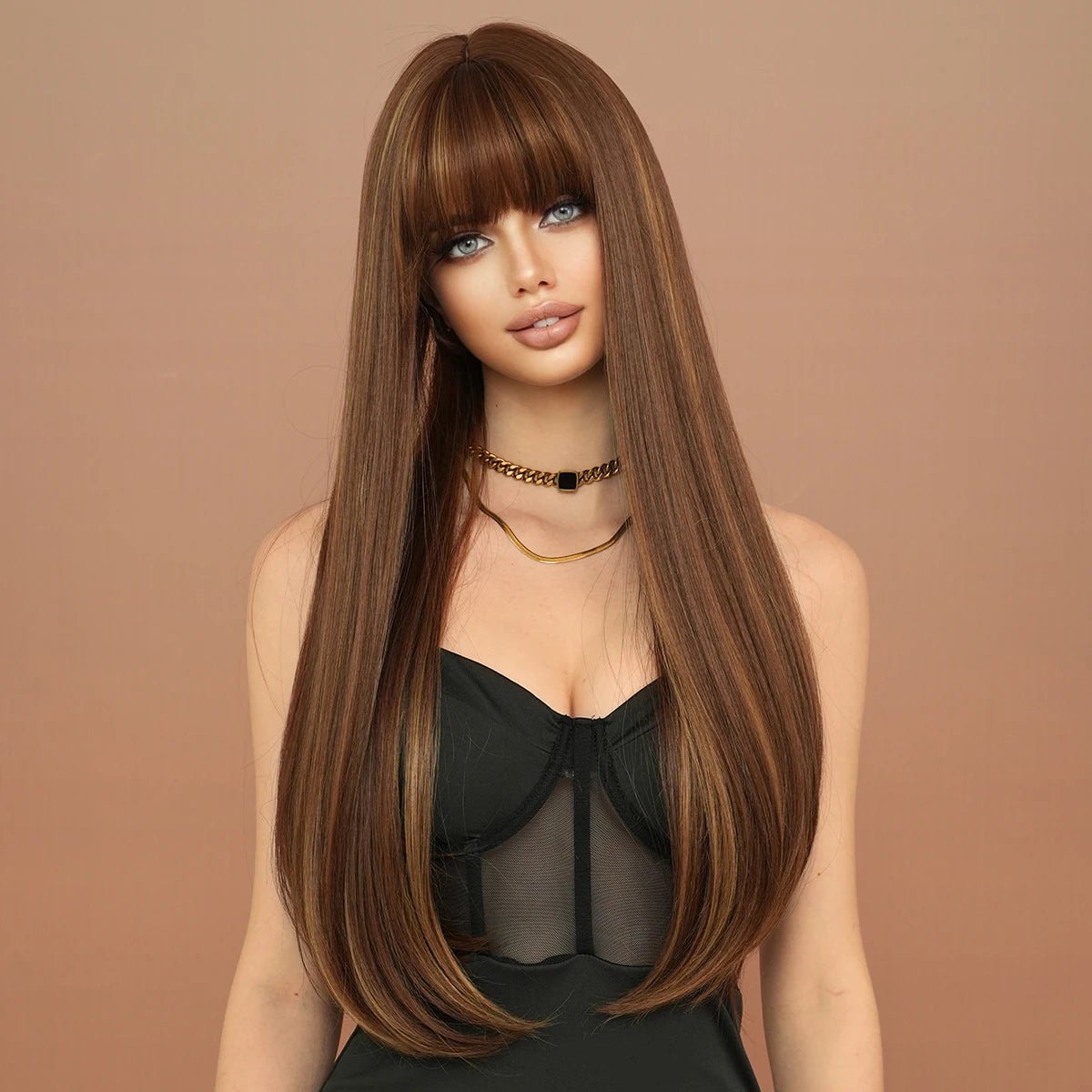 Dark Brown Long Straight Wig with Bangs - HairNjoy