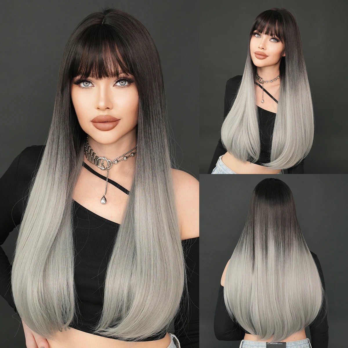 Dark Brown Long Straight Wig with Bangs - HairNjoy