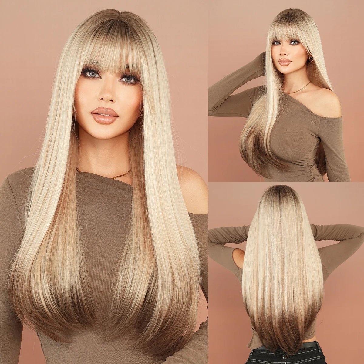 Dark Brown Long Straight Wig with Bangs - HairNjoy
