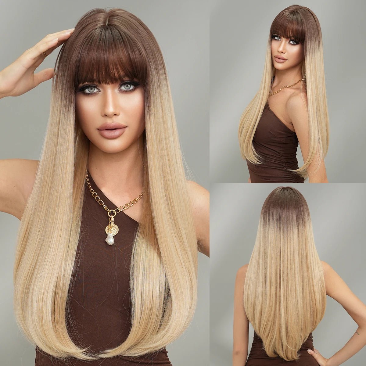 Dark Brown Long Straight Wig with Bangs - HairNjoy