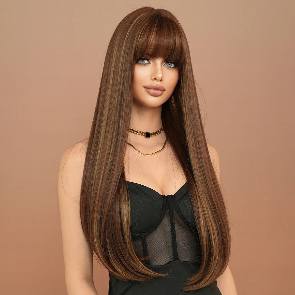 Dark Brown Long Straight Wig with Bangs - HairNjoy