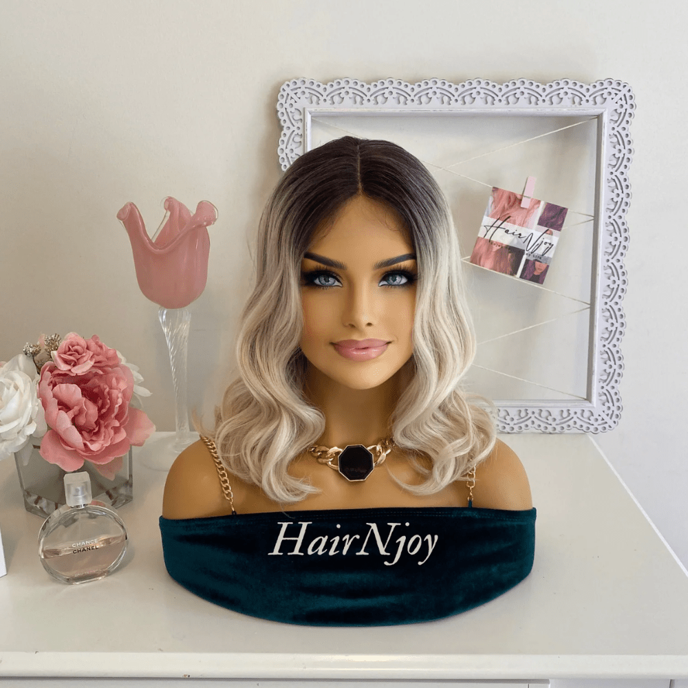 Dark Roots Ash Blonde Ombre Lace Front Wavy Wig - HairNjoy