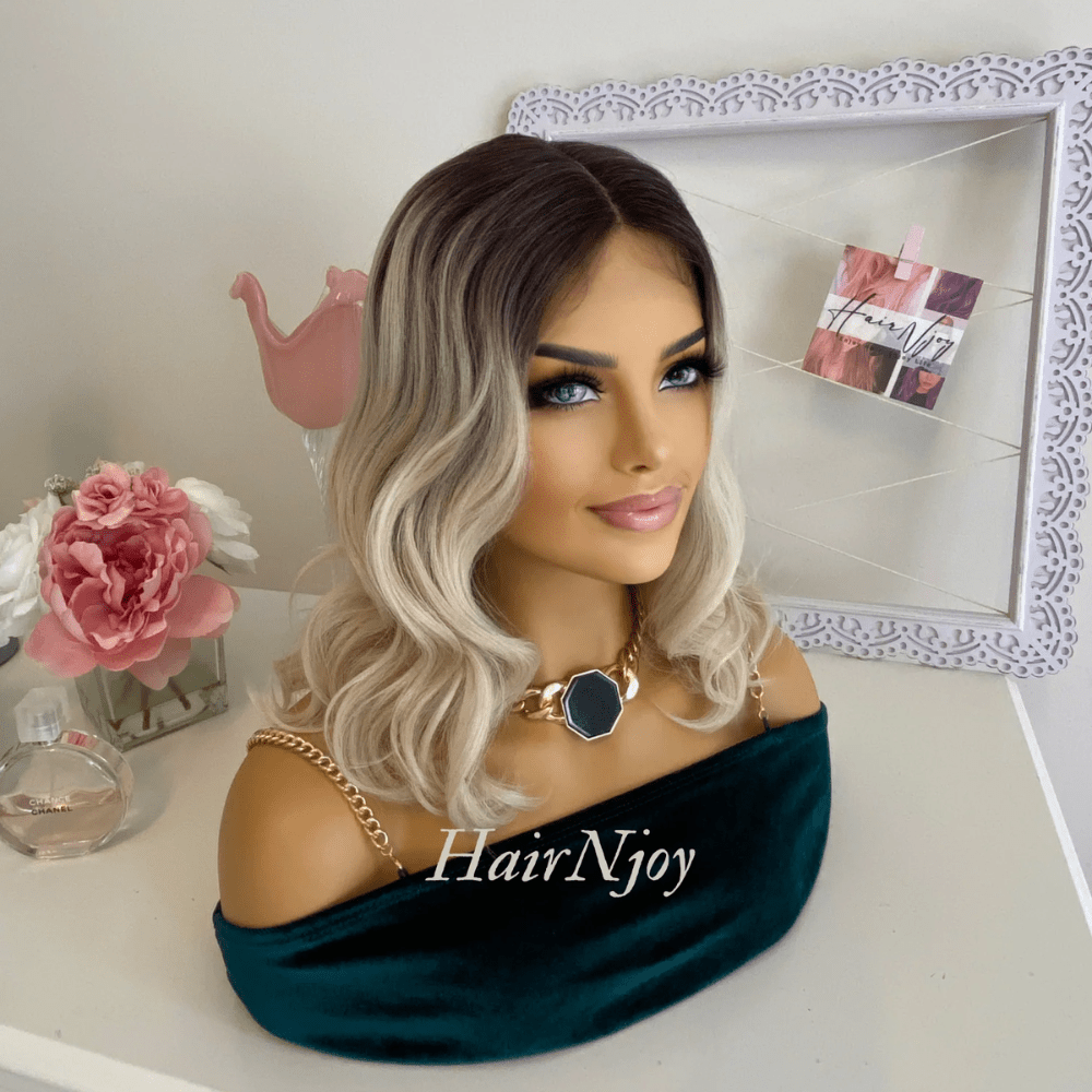Dark Roots Ash Blonde Ombre Lace Front Wavy Wig - HairNjoy