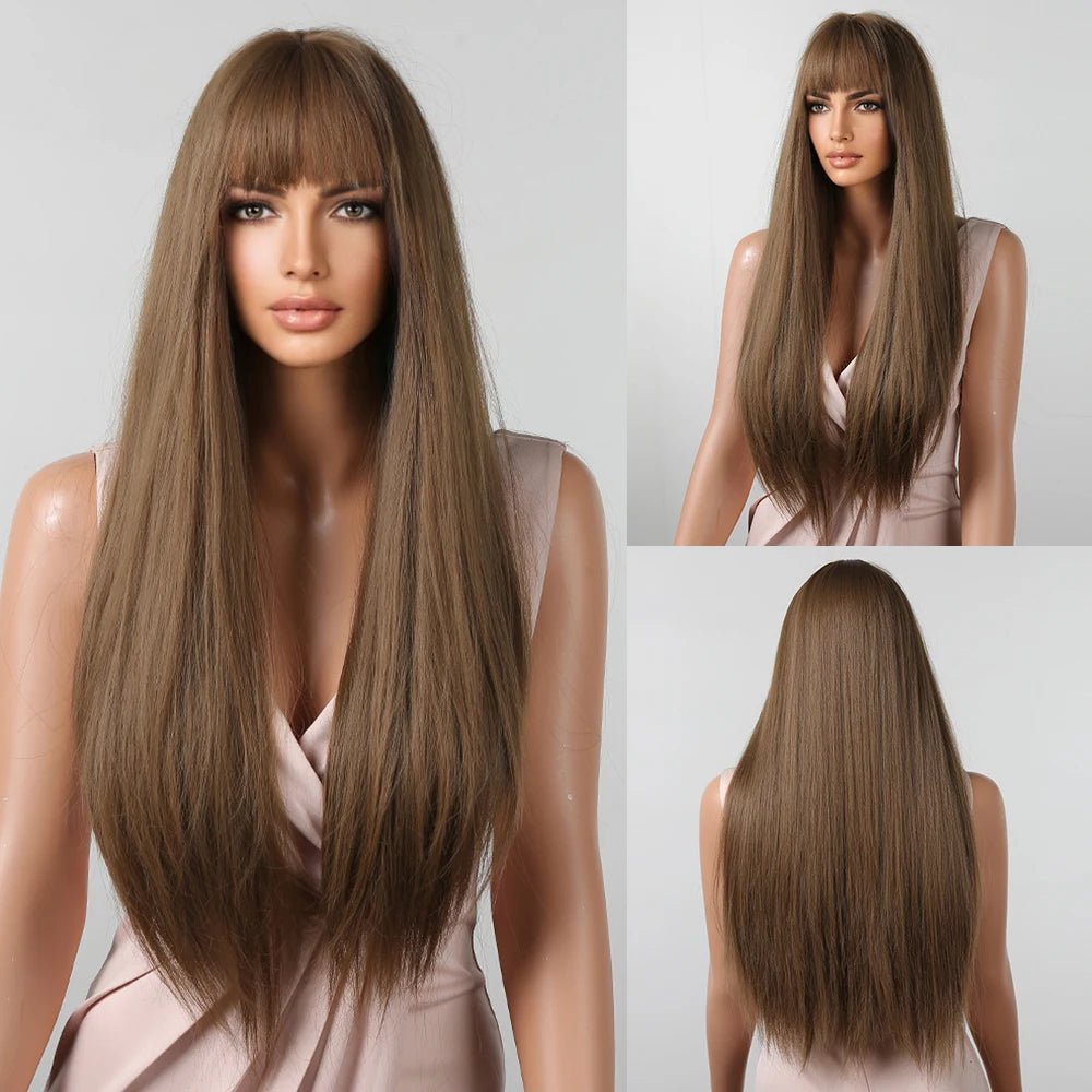 Light Brown Long Straight Wig with Bangs - HairNjoy