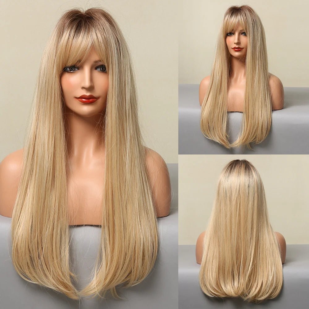 Light Brown Long Straight Wig with Bangs - HairNjoy