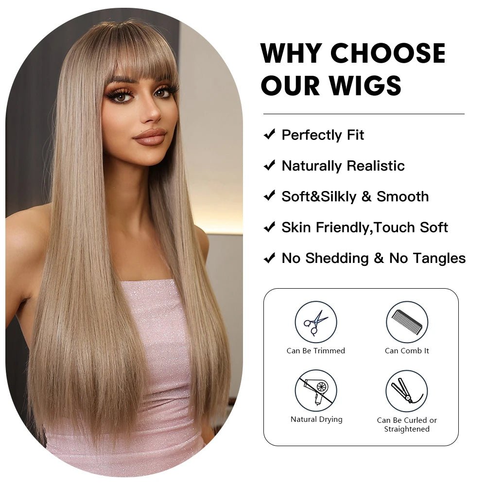 Light Brown Long Straight Wig with Bangs - HairNjoy