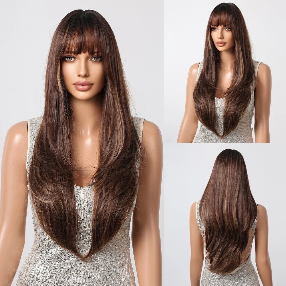 Light Brown Long Straight Wig with Bangs - HairNjoy